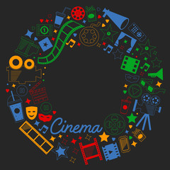 Vector pattern with cinema icons. Movie Theater, TV, popcorn, video clips, musical