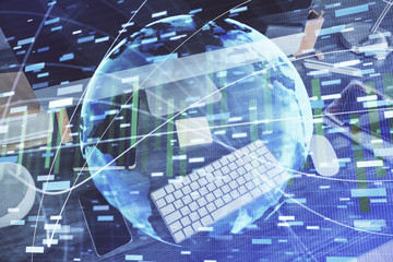 Multi exposure of business theme icons and table with computer background. Concept of success.