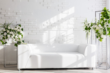 Beautiful interior room with a sofa. Minimalism. Concept design, renovation, housing, home