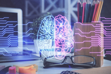 Brain drawings with glasses on the table background. Double exposure.