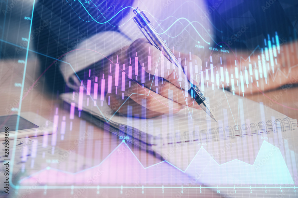 Poster a woman hands writing information about stock market in notepad. forex chart holograms in front. con