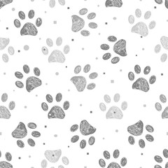 Doodle grey paw prints with dots, square and stars seamless fabric design repeated pattern with black background