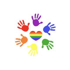 Colorful rainbow flag lgbt symbol with colorful hand prints rings of hand with heart