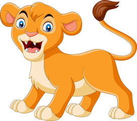 Cartoon baby lioness roaring on white background