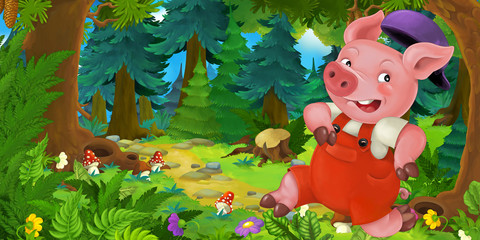 Cartoon fairy tale scene with pig farmer or worker on the meadow in the forest - illustration for children