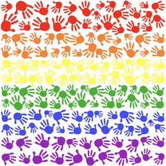 Made of rainbow flag lgbt symbol with colorful hand prints background