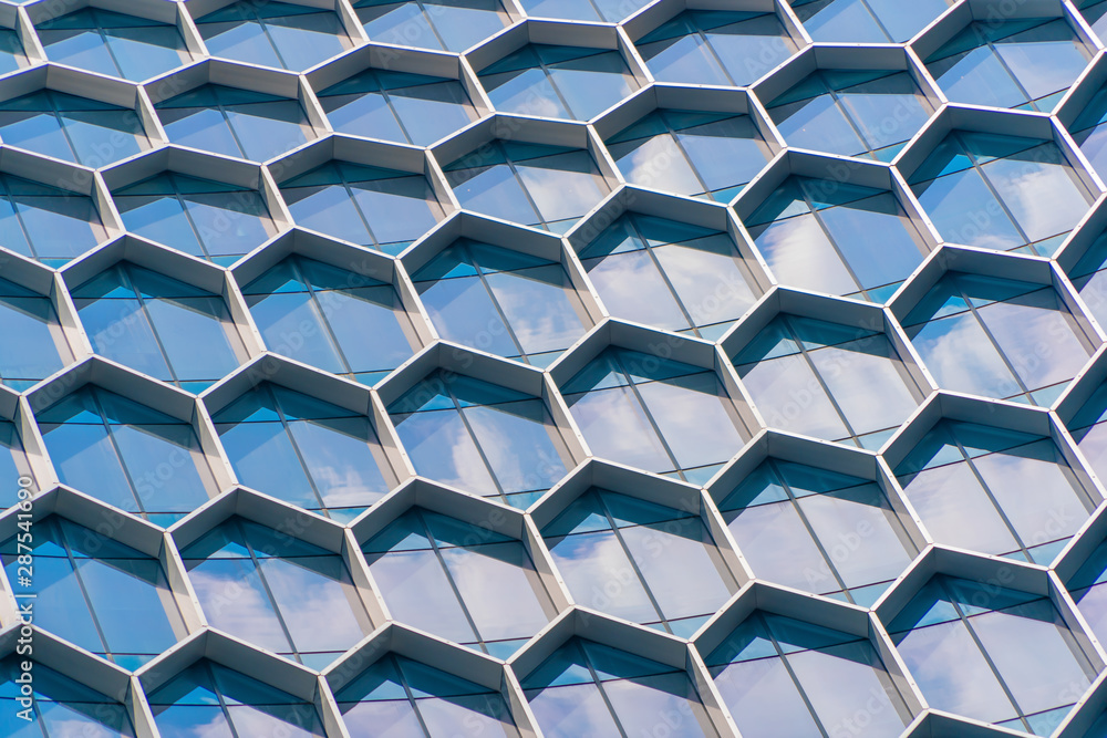 Poster office buildings. structure of hexagon windows in futuristic technology network connection concept. 