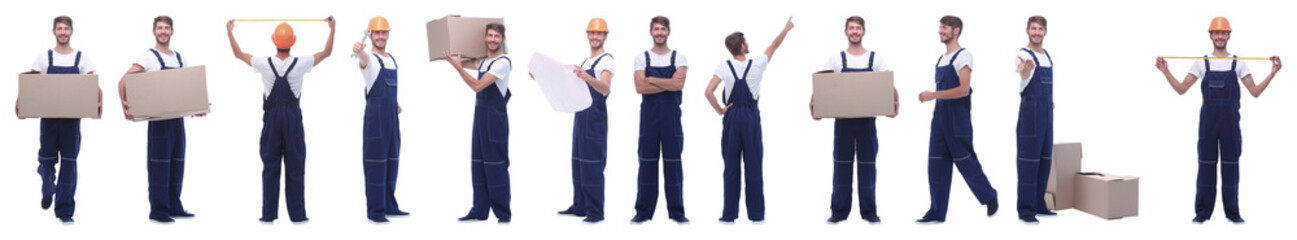 panoramic collage of male handyman isolated on white