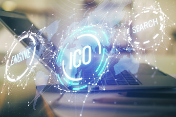 Double exposure of blockchain and crypto economy theme hologram and table with computer background. Concept of bitcoin cryptocurrency.