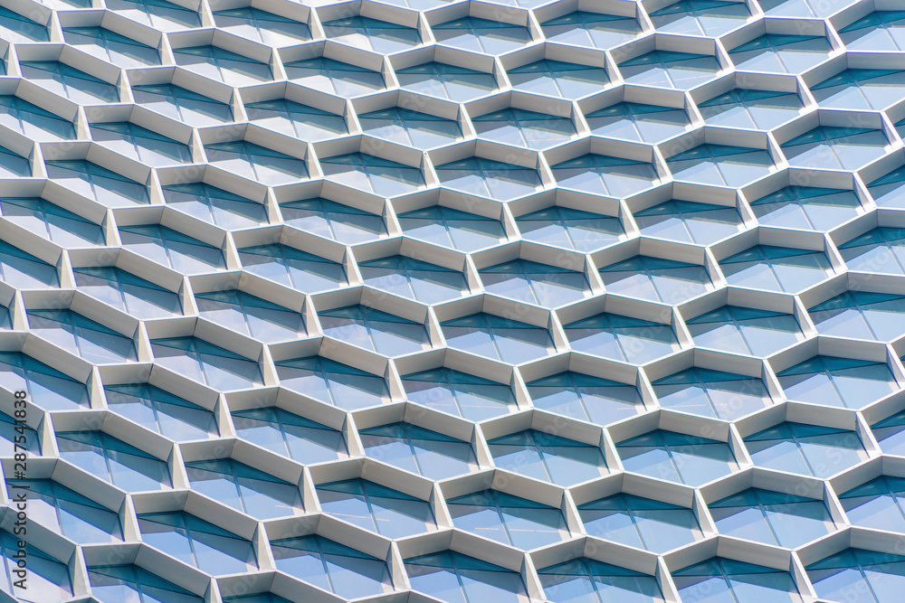 Poster office buildings. structure of hexagon windows in futuristic technology network connection concept. 