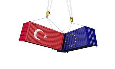 Turkey and europe trade war concept. Clashing cargo containers. 3D Render