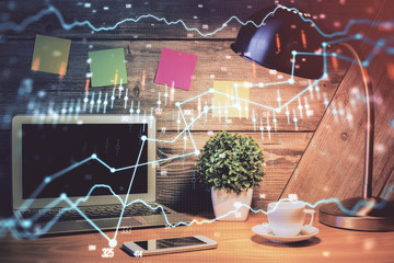 Multi exposure of forex graph and work space with computer. Concept of international online trading.