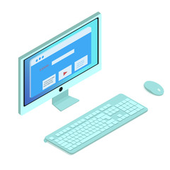 personal computer running, keyboard and mouse -vector image, isometry, isolated on white background