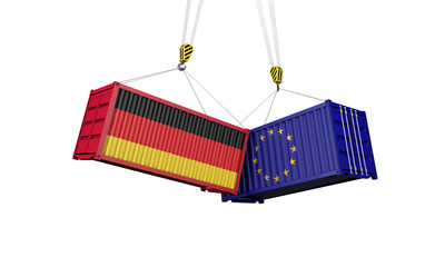 Germany and europe trade war concept. Clashing cargo containers. 3D Render