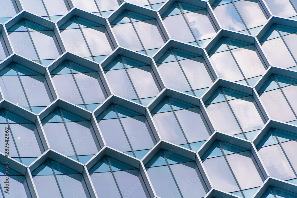 Poster office buildings. structure of hexagon windows in futuristic technology network connection concept. 