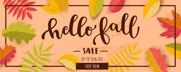 Hello Fall Sale horizontal promotion banner.  Bright warm colors design with a frame. Scattered flat colorful realistic autumn leaves with shadows on orange textured background. Vector illustration