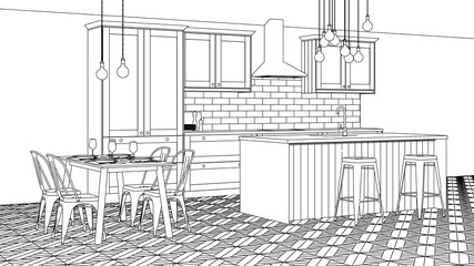 The interior of the kitchen in a private house. Linear sketch of the interior. 3D rendering.