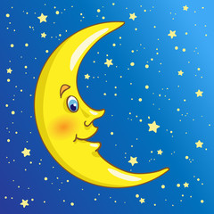 Obraz na płótnie Canvas Golden crescent in cartoon style on the night sky among the stars.