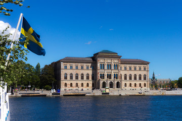 Nationalmuseum in Stockholm with swedish flag