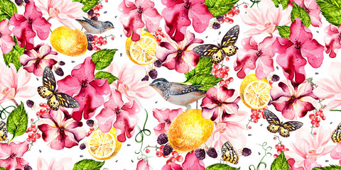 Seamless background with watercolors petunia, magnolia and lemon. Berryes, butterfly  and birds. Lovely realistic garden flowers. © knopazyzy