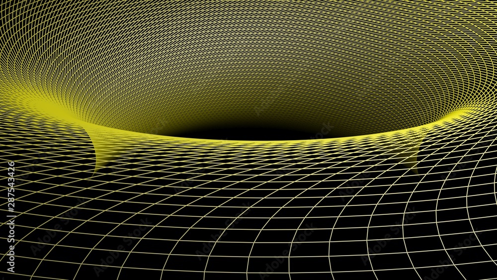 Poster yellow grid mathematical surface on black background - 3d rendering illustration