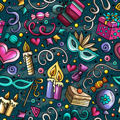 Obraz premium Cartoon hand-drawn doodles birthday theme seamless pattern