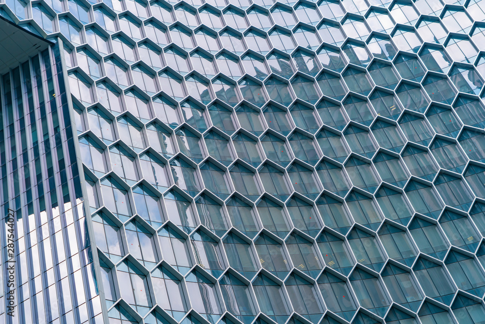 Poster office buildings. structure of hexagon windows in futuristic technology network connection concept. 