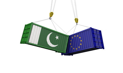 Pakistan and europe trade war concept. Clashing cargo containers. 3D Render