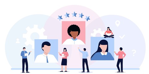 Job agency flat vector illustration. Employee headhunters persons concept. Professional work search and offer service company. Recruitment industry occupation for human resources. CV application