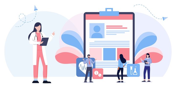 Healthcare insurance vector concept, people with doctor fill health form insurance. human life insurance. protection of people from accidents. Healthcare services, Ask a doctor, tele medicine