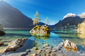 Lake Hintersee in Germany, Bavaria, National Park Ramsau in Alps. Beautiful autumnal Alpine...