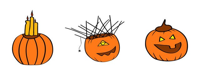 Fototapeta premium Funny pumpkins set. One of the Halloween symbols. Vector Illustration.