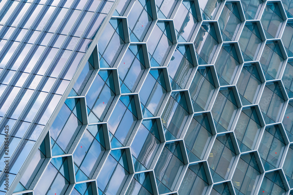 Poster office buildings. structure of hexagon windows in futuristic technology network connection concept. 