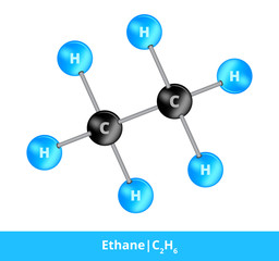 Vector ball-and-stick model of chemical substance. Icon of ethane molecule C2H6 consisting of carbon and hydrogen. Structural formula suitable for education isolated on a white background.
