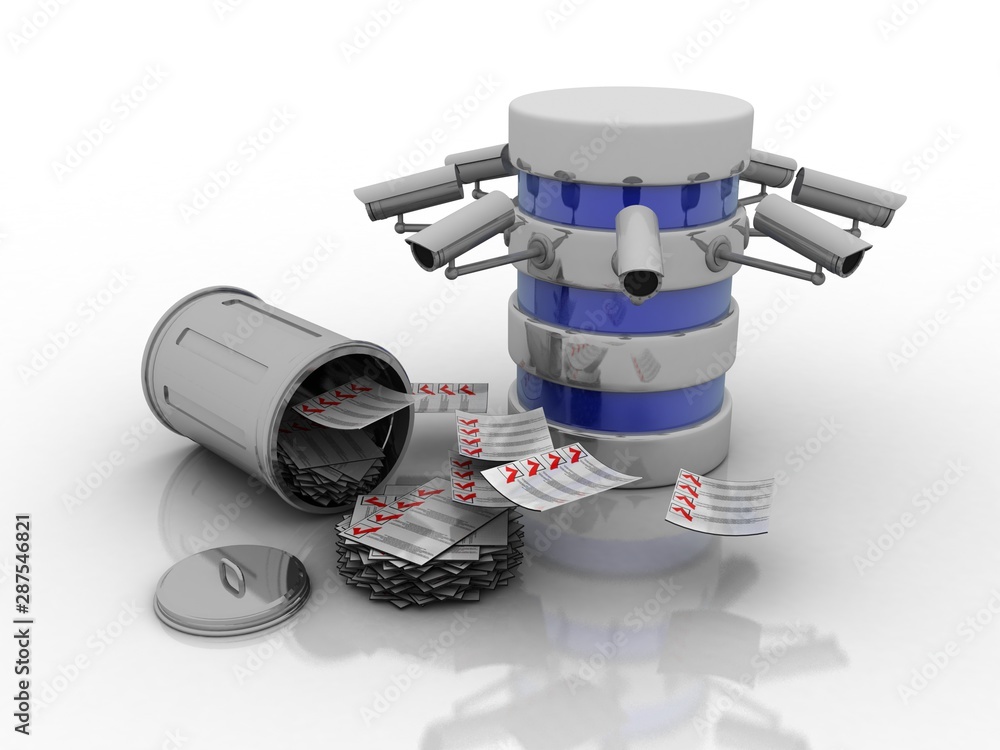 Poster 3d rendering surveillance cctv security camera connected modem with database near document