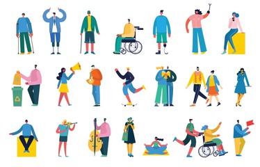 Fototapeta na wymiar Vector illustration in a flat style of different activities people jumping, with smarthones, travel, dancing, walking, business, couple in love, doing sport, have party