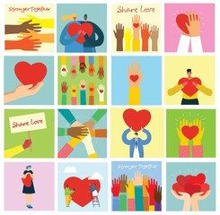 Share your Love. People with hearts as love massages. Vector illustration for Valentine's day in the modern flat style