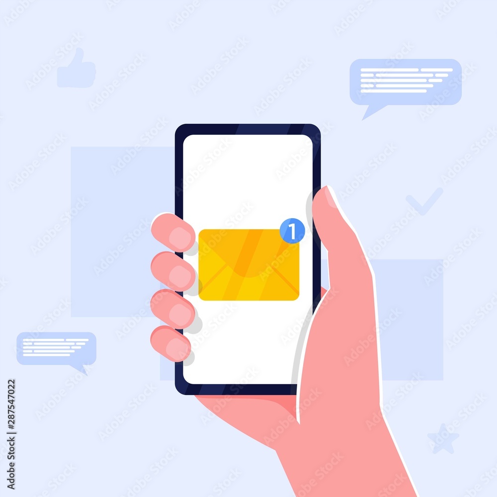 Poster hand holding smartphone with new message notification on screen. mobile phone alert about new email.