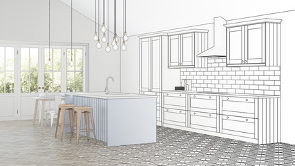 The interior of the kitchen in a private house. . Design project. Sketch. 3D rendering.