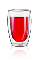 Double-circuit thermo-insulated glass of hot red berry tea isolated on white background.