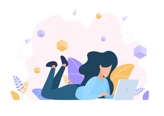 Woman works, watches news, sits on social networks. Freelance. Vector illustration