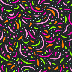 Seamless abstract vector ornament: bright colorful fireworks on a dark background