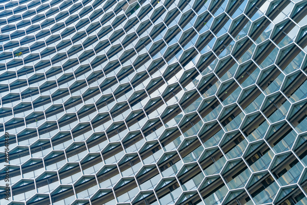 Poster office buildings. structure of hexagon windows in futuristic technology network connection concept. 
