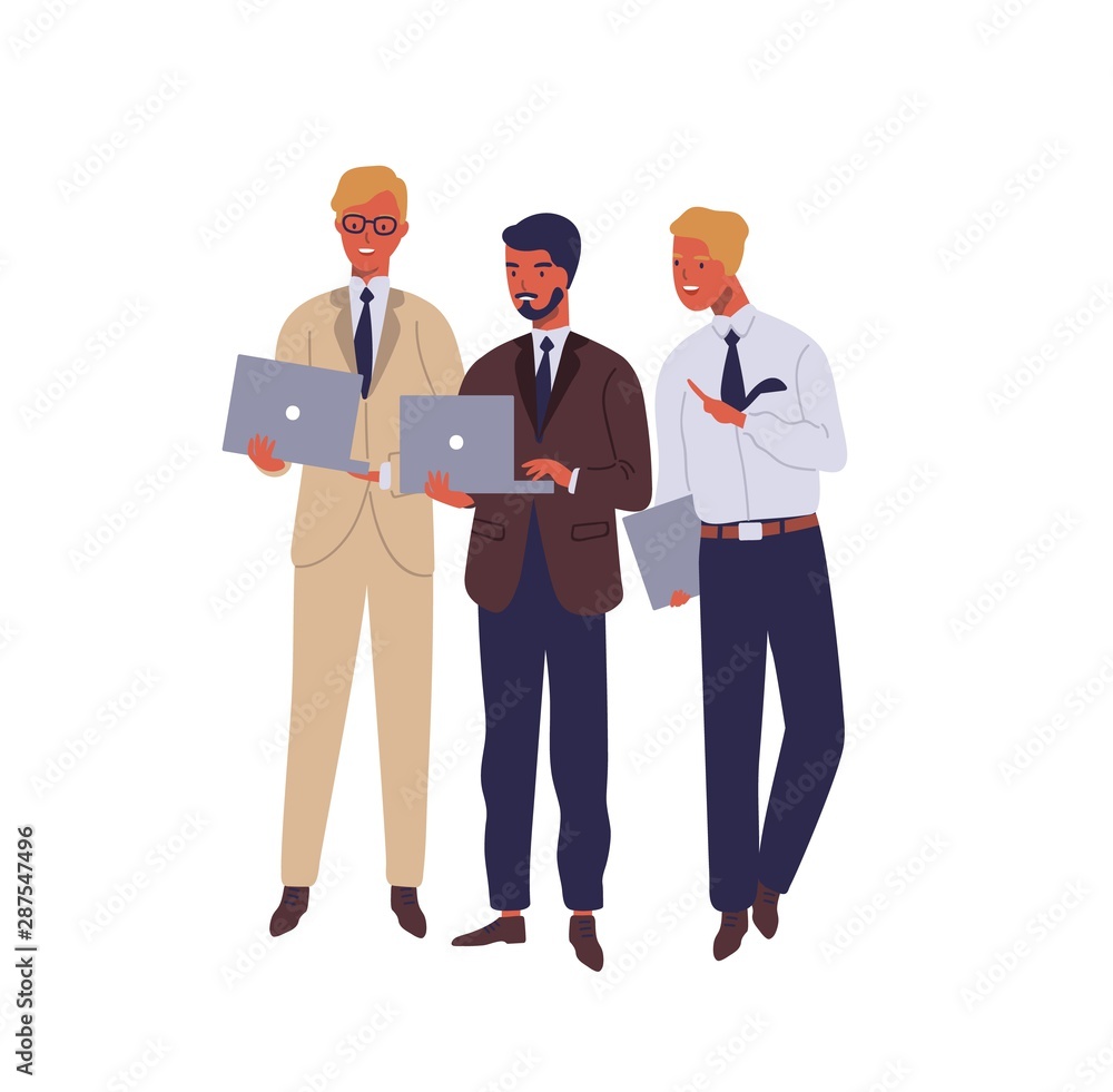 Poster Managers working on laptop and talking flat vector illustration. Cheerful office workers in business suits discussing project cartoon characters on white background. Colleagues solving project issues.