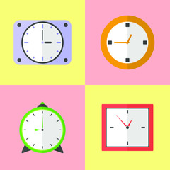 A set of simple, flat clocks: alarm clock, wall clock, table mechanical clock. Collection for interior decoration of houses and apartments