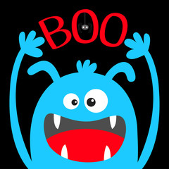 Naklejka premium Happy Halloween. Monster head blue silhouette. Eyes, ears, teeth fang, tongue, hands up. Boo text. Hanging spider. Cute cartoon kawaii funny baby kids character. Flat design. Black background.