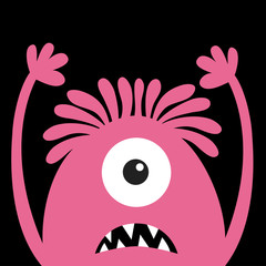 Monster head pink silhouette. One eye, hair, teeth fang, tongue, hands up. Happy Halloween. Cute cartoon kawaii funny character. Baby kids collection. Flat design. Black background.