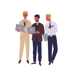 Managers working on laptop and talking flat vector illustration. Cheerful office workers in business suits discussing project cartoon characters on white background. Colleagues solving project issues.