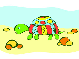 Multicolored turtle in the style of Doodle goes through the desert, sand, sky-vector cartoon illustration