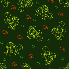 Yellow turtles and circles on dark green background-seamless vector pattern in Doodle style